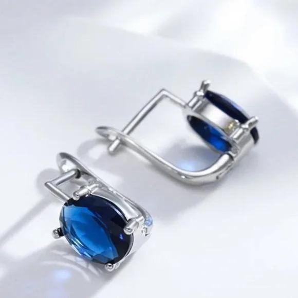 NEW STERLING SILVER OVAL BLUE EARRINGS, beautiful Earrings, cute Earrings - Picture 3 of 4